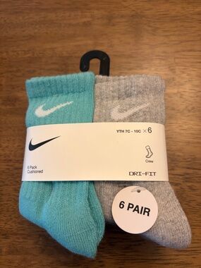 Nike Youth 6 Pack Cushioned Socks Dri Fit  7C-10C Assorted Colors NWT